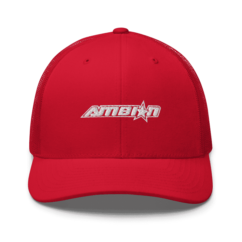 Vibrant red trucker hat with classic design and Ambion logo.