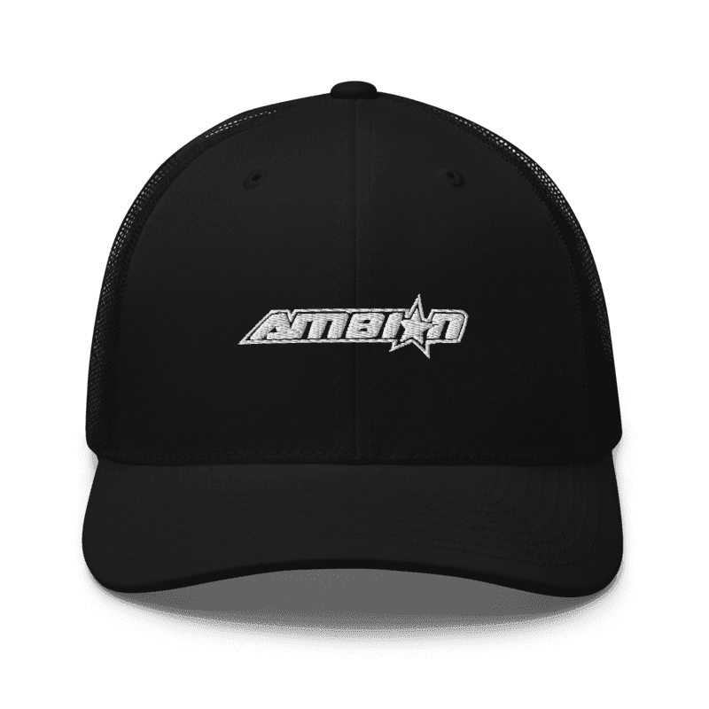 Classic black trucker hat with Ambion logo, designed for style and comfort.