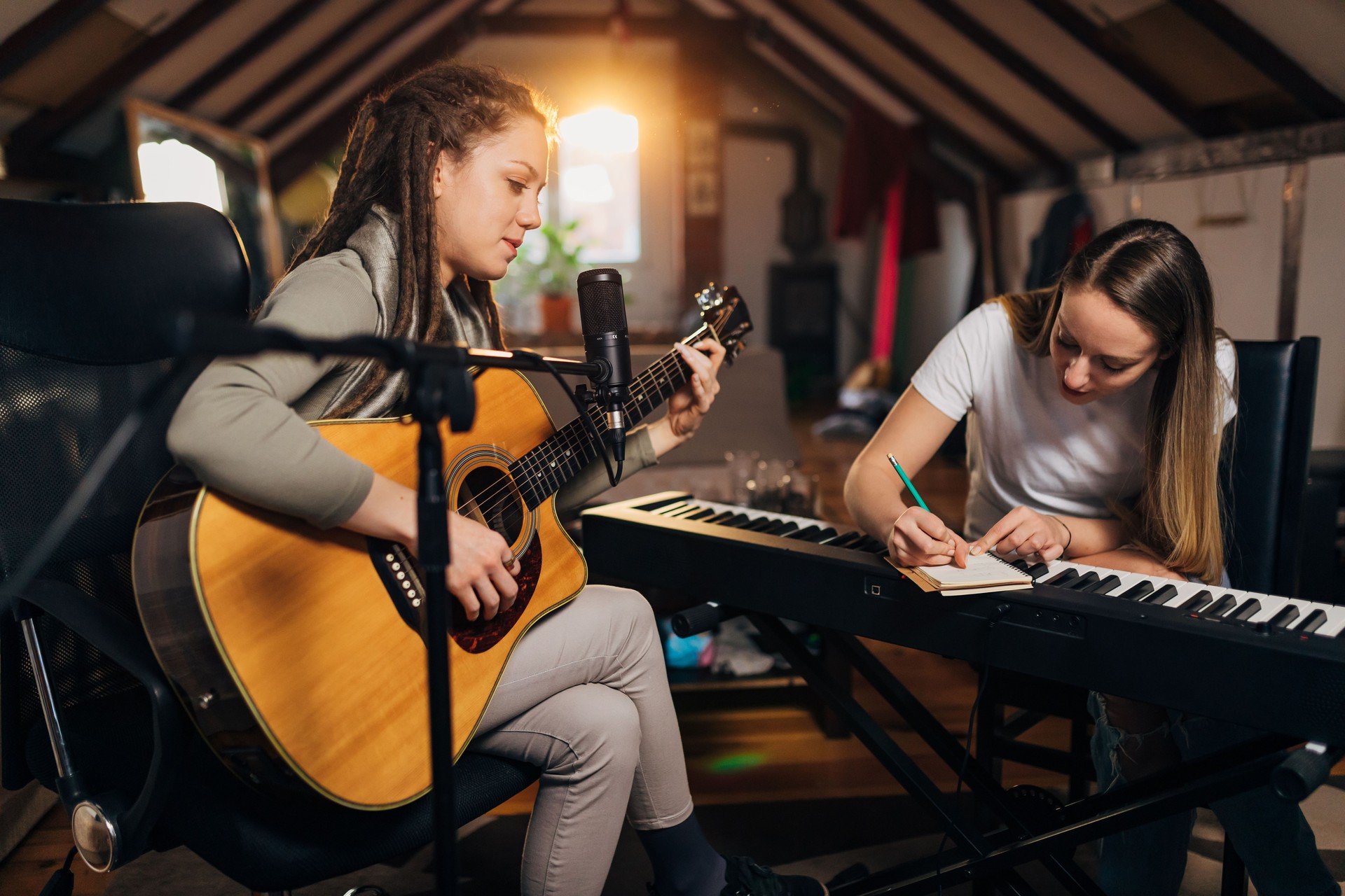 Creative and passionate female artists, preparing the new songs for the album in their home recording music studio